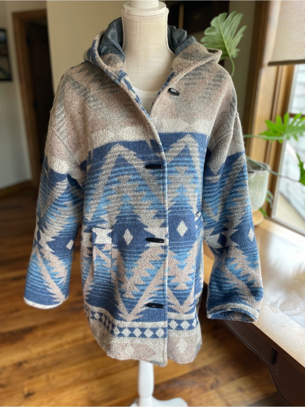 Hunt Club Blue & Beige Aztec Hooded Sweater Coat